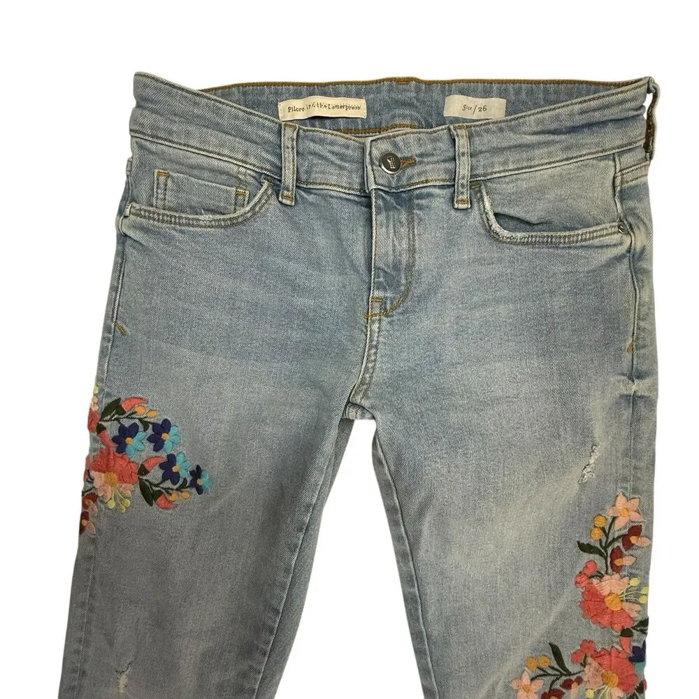Pilcro Anthropologie Floral Embroidered Slim Fit Jeans Women 26 Stretch Bohemian